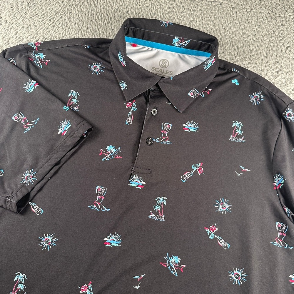 Scales‎ Polo Shirt Mens L Black Tropical Print Coronado Golf Course Short Sleeve